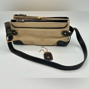 Etienne Aigner Canvas Shoulder Bag Purse Tan Brown Multi Pocket